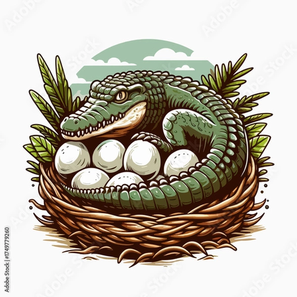 Fototapeta A green mother crocodile protectively curled around her clutch of white eggs in a nest.
