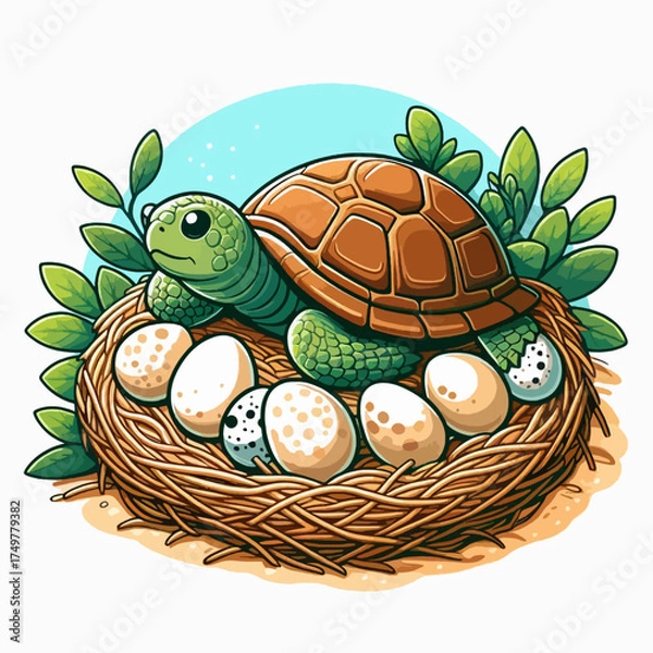 Fototapeta A charming illustration of a turtle nestled in a nest, surrounded by eggs and foliage.