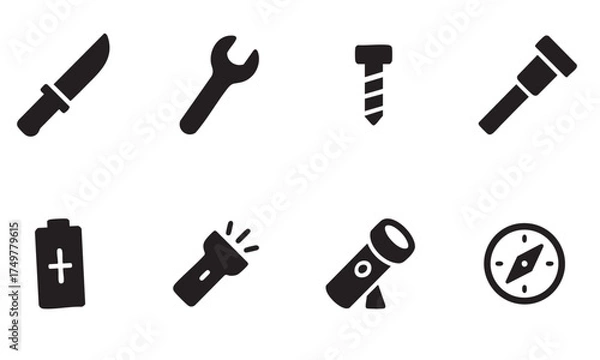 Obraz Black Silhouette Icons of Knife, Wrench, Screw, Hammer, Battery, Flashlight, Telescope, and Compass