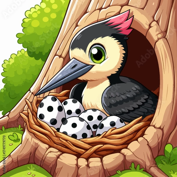 Obraz A cute cartoon woodpecker with a pink crest sits in a cozy nest inside a tree trunk, guarding its spotted eggs.