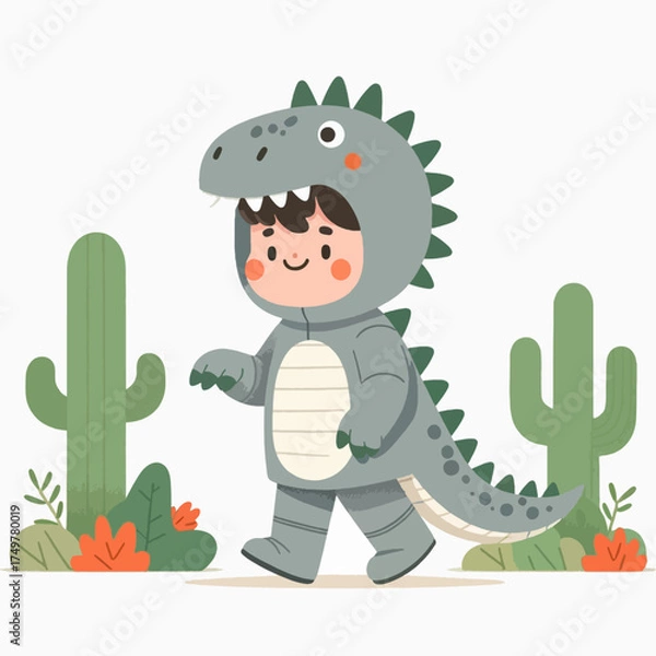 Obraz A cute cartoon child dressed in a gray dinosaur costume walks through a desert landscape with cacti.