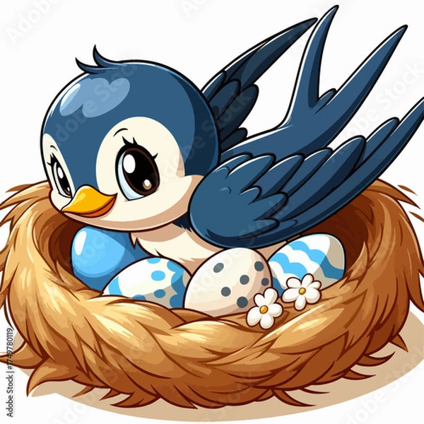 Fototapeta Cute cartoon blue bird with big eyes sitting in a cozy nest with patterned eggs and small white flowers.
