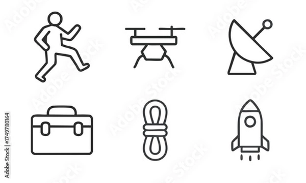 Obraz Black Line Icons of Person Walking, Drone, Satellite Dish, Toolbox, Rope, and Rocket
