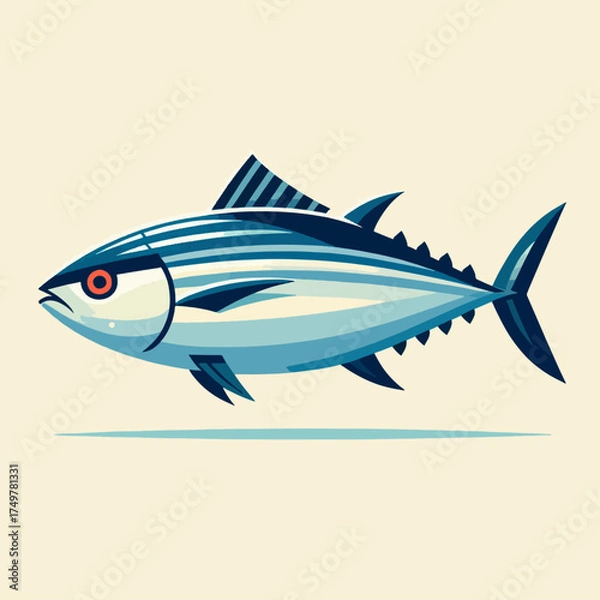 Obraz Stylized illustration of a blue and white tuna fish with red eyes, depicted in a clean graphic art style.