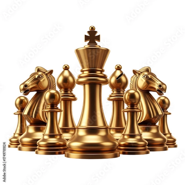 Fototapeta Golden chess pieces arranged for a strategic game, symbolizing leadership and intellect