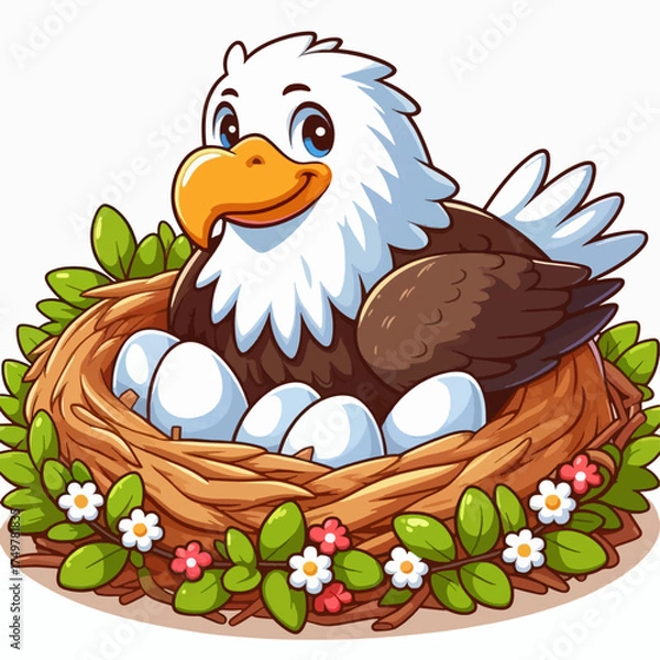 Fototapeta Cartoon eagle sitting in a nest with eggs, surrounded by flowers and leaves.