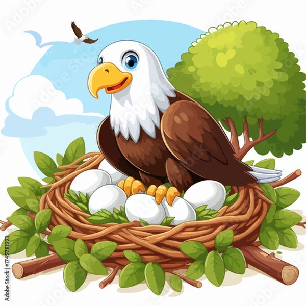 Fototapeta A cheerful cartoon eagle with blue eyes sits protectively in a cozy nest filled with white eggs, surrounded by green leaves, under a bright blue sky with a flying bird.