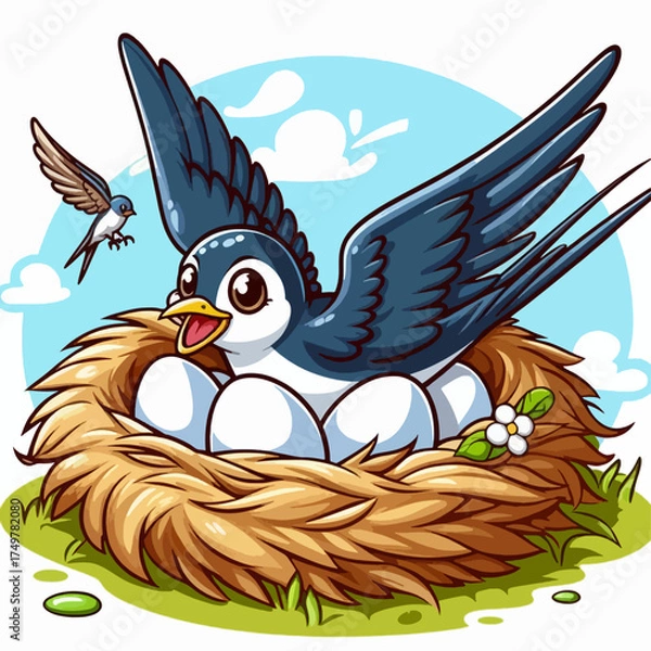 Fototapeta A happy cartoon mother swallow bird sitting on her nest full of white eggs while another bird flies in the background.