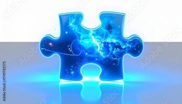 Obraz Futuristic puzzle piece filled with cosmic galaxy texture and glowing blue edges, symbolizing innovation, creativity, teamwork, universe connection, and abstract business solution concept.