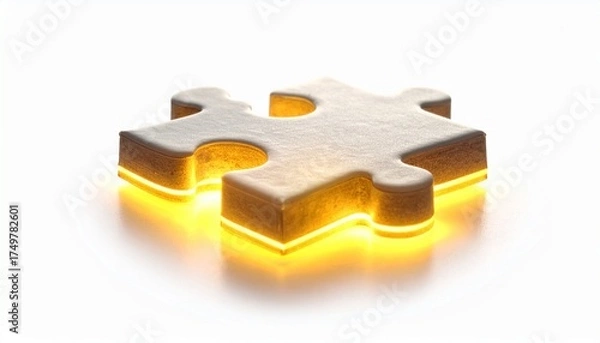 Obraz Golden glowing puzzle piece isolated on white background, symbolizing teamwork, problem solving, leadership, innovation, success, and connection in business and personal growth concept.