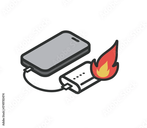 Obraz 充電中のモバイルバッテリーと携帯　発火事故のアイコンイラスト