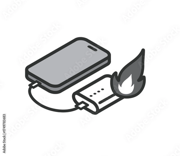 Obraz 充電中のモバイルバッテリーと携帯　発火事故のアイコンイラスト