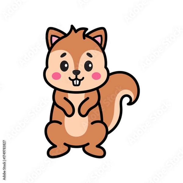 Fototapeta Cute cartoon squirrel illustration with big eyes and pink cheeks standing on a transparent background simple doodle art style for children theme