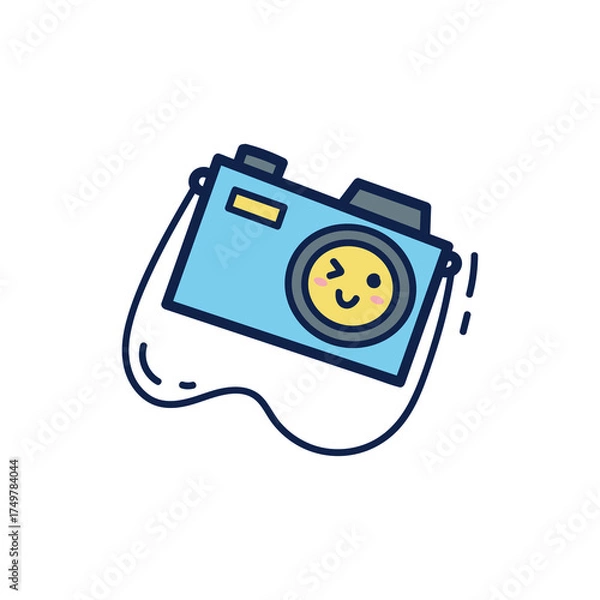 Fototapeta Cute Blue Cartoon Camera With A Yellow Smiling Face And Winking Eye And A Black Strap On A White Background Travel Doodle Art
