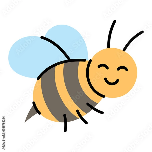 Fototapeta Cute cartoon bee with light blue wings and yellow and gray striped body in flight on a transparent background