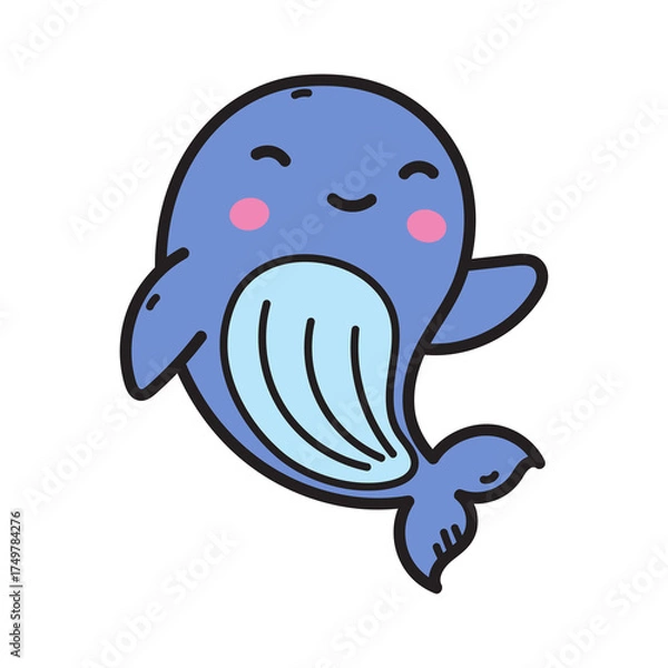 Fototapeta Cute cartoon blue whale illustration with smiling face pink cheeks and waving flipper on transparent background detailed drawing