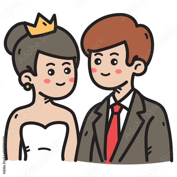 Fototapeta Cute cartoon bride wearing a golden crown and white strapless dress with a groom in a brown suit and red tie standing together smiling with blush on cheeks on a transparent background