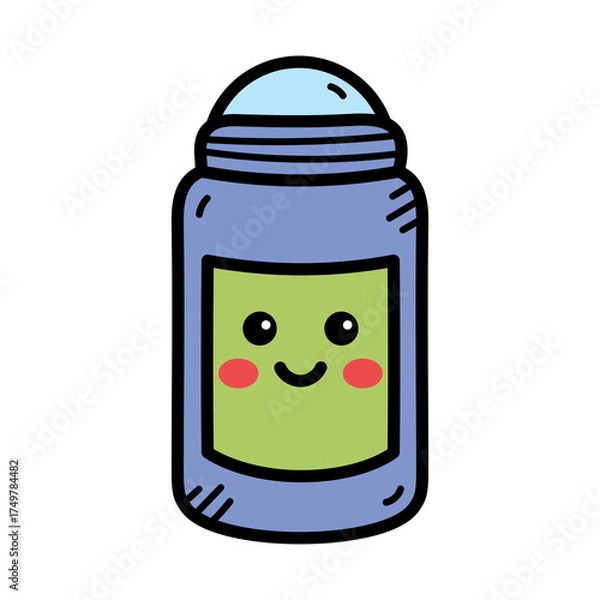 Fototapeta Cute Cartoon Deodorant Roll On With Smiling Face On Green Label Light Blue Cap And Purple Bottle With Black Outline
