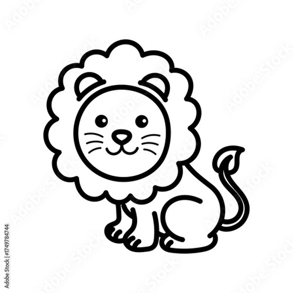 Fototapeta Cute Cartoon Lion Cub Sitting On A Transparent Background Simple Line Art Illustration