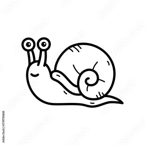 Fototapeta Cute cartoon snail with large eyes and spiral shell on a transparent background simple black and white line art drawing