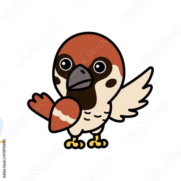 Fototapeta Cute Cartoon Sparrow Bird with Brown and White Feathers and Black Outline Transparent Background