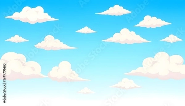 Obraz Cartoon sky with fluffy white clouds on a bright blue background.