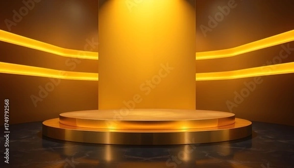 Fototapeta Golden stage with spotlight, perfect for product presentation or awards ceremony.