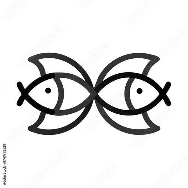 Fototapeta Two abstract fish intertwining in black outline representing Pisces concept of icon, vector, Zodiac Signs, astrology  