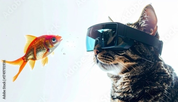 Obraz Cute cat wearing futuristic AR glasses staring at a holographic goldfish, isolated on clean background, symbolizing pet technology, augmented reality, creativity, and humorous futuristic lifestyle.