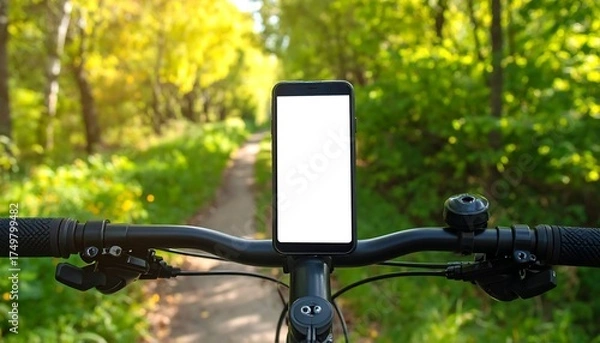 Fototapeta Bike handlebars with smartphone displaying empty white screen