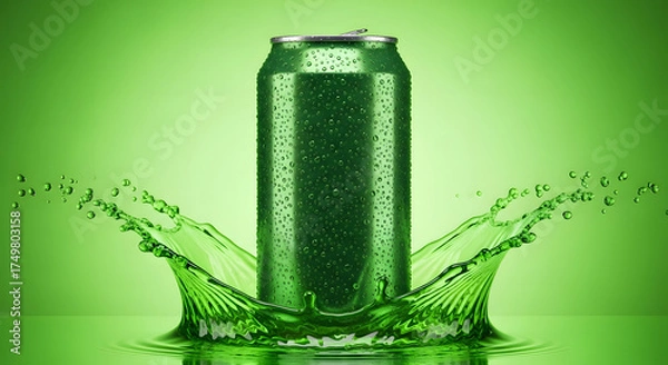 Obraz Refreshing green beverage can with dynamic liquid splash and condensation on vibrant background