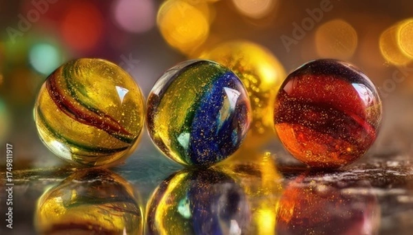 Fototapeta Close-up shot of three colorful glass spheres with reflections on a reflective surface