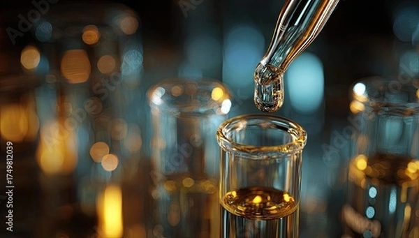 Fototapeta A macro shot focuses on clear liquid being dispensed into glass vials in a science lab setting