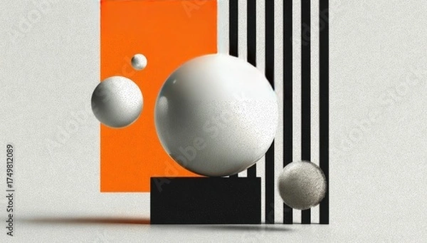 Fototapeta Geometric composition with textured spheres, bright orange, black, and white blocks and stripes