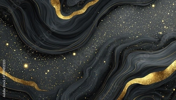 Obraz Elegant abstract illustration with flowing dark grey and gold textures, and sparkling glitter