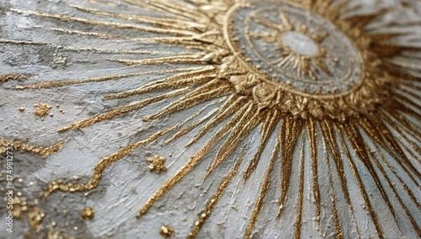 Fototapeta Close-up of an ornate golden sunburst design on a textured, pale blue-grey surface