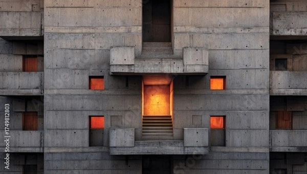 Fototapeta A symmetrical concrete facade with orange-lit doorways and a central stairwell bathed in warm light