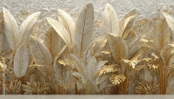 Obraz Decorative wall panel featuring large, stylized plant foliage with gold accents, in a warm light