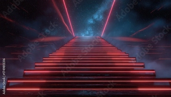 Fototapeta Futuristic, red-lit staircase ascends into a starry cosmos. Nebulous, dreamy atmosphere, vaporous