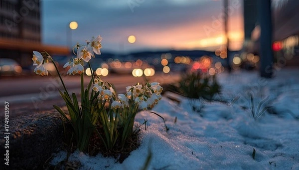 Fototapeta Delicate white spring blossoms bloom next to a snow-covered curb with a soft bokeh city backdrop