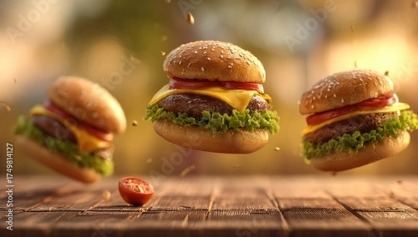 Obraz Three burgers in mid-air with tomatoes and sesame buns on a rustic wood surface