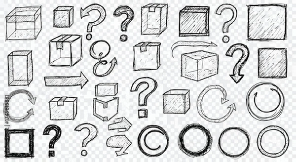 Obraz Vector art of hand drawn doodle set of boxes, arrows, and question marks for design elements