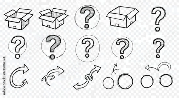 Obraz Vector art of hand drawn doodle elements of box, question mark, and arrow for design use