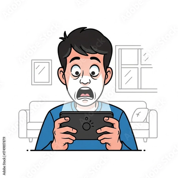 Fototapeta 스마트폰 중독, 놀란 표정, 감정 표현, 디지털 피로, 화면 빛, 모바일 스트레스, 과도한 사용, SNS 중독, 스마트폰 과몰입, 디지털 라이프, 스마트폰 사용자, 청년 캐릭터, 카툰 일러스트, 단순 배경, 편집 가능한 이미지, 감정 중심 그림, 스마트폰 의존, 기술 중독, 화면 시간, 정신 건강, 디지털 번아웃, 모바일 불안, 스마트폰 공포, mobile