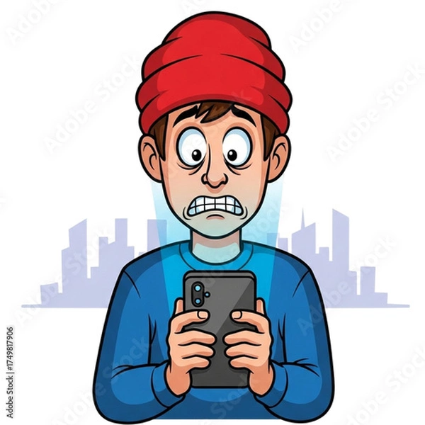 Fototapeta 스마트폰 중독, 놀란 표정, 감정 표현, 디지털 피로, 화면 빛, 모바일 스트레스, 과도한 사용, SNS 중독, 스마트폰 과몰입, 디지털 라이프, 스마트폰 사용자, 청년 캐릭터, 카툰 일러스트, 단순 배경, 편집 가능한 이미지, 감정 중심 그림, 스마트폰 의존, 기술 중독, 화면 시간, 정신 건강, 디지털 번아웃, 모바일 불안, 스마트폰 공포, mobile