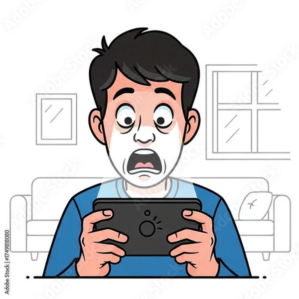 Obraz 스마트폰 중독, 놀란 표정, 감정 표현, 디지털 피로, 화면 빛, 모바일 스트레스, 과도한 사용, SNS 중독, 스마트폰 과몰입, 디지털 라이프, 스마트폰 사용자, 청년 캐릭터, 카툰 일러스트, 단순 배경, 편집 가능한 이미지, 감정 중심 그림, 스마트폰 의존, 기술 중독, 화면 시간, 정신 건강, 디지털 번아웃, 모바일 불안, 스마트폰 공포, mobile