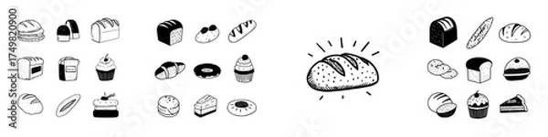 Obraz Doodle icons set of various bakery food items like bread rolls and pastries
