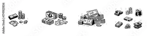 Obraz Stacks of cash and piles of coins in hand drawn style
