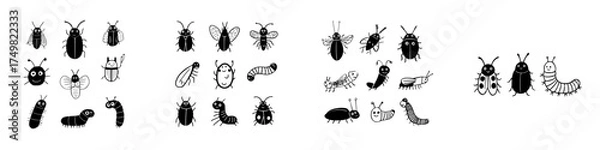 Obraz Cute hand-drawn black and white icons of various insects and bugs