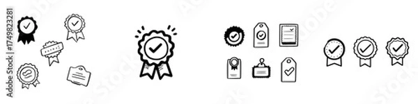 Obraz Set of hand drawn quality assurance badge and tag icons in doodle style